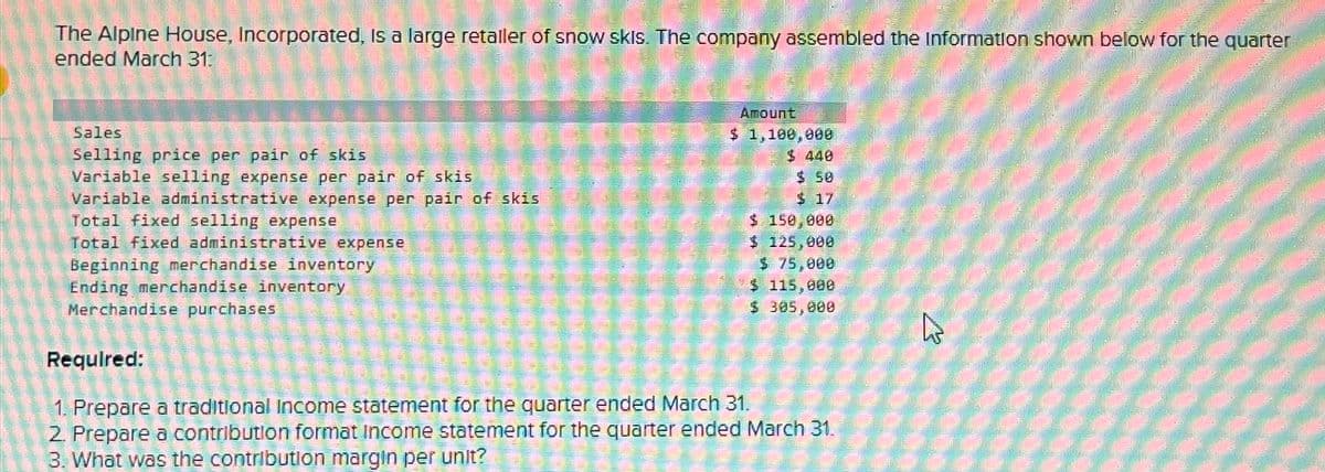 The Alpine House, Incorporated, is a large retailer of snow skls. The company assembled the Information shown below for the quarter
ended March 31:
Sales
Selling price per pair of skis
Variable selling expense per pair of skis
Variable administrative expense per pair of skis
Total fixed selling expense
Total fixed administrative expense
Beginning merchandise inventory
Ending merchandise inventory
Merchandise purchases
Amount
$ 1,100,000
$ 440
$ 50
$17
$ 150,000
$ 125,000
$ 75,000
$ 115,000
$ 305,000
Required:
1. Prepare a traditional Income statement for the quarter ended March 31.
2. Prepare a contribution format Income statement for the quarter ended March 31.
3. What was the contribution margin per unit?
K