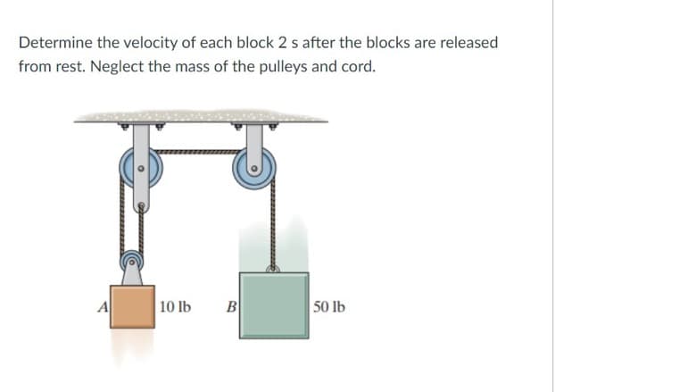 Determine the velocity of each block 2 s after the blocks are released
from rest. Neglect the mass of the pulleys and cord.
A
10 lb B
50 lb