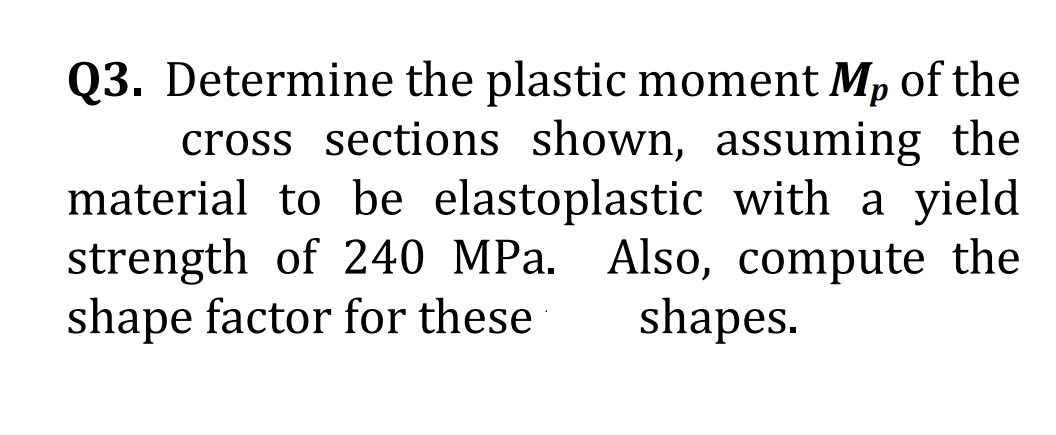 Q3. Determine the plastic moment Mp of the
cross sections shown, assuming the
material to be elastoplastic with a yield
strength of 240 MPa. Also, compute the
shape factor for these
shapes.
