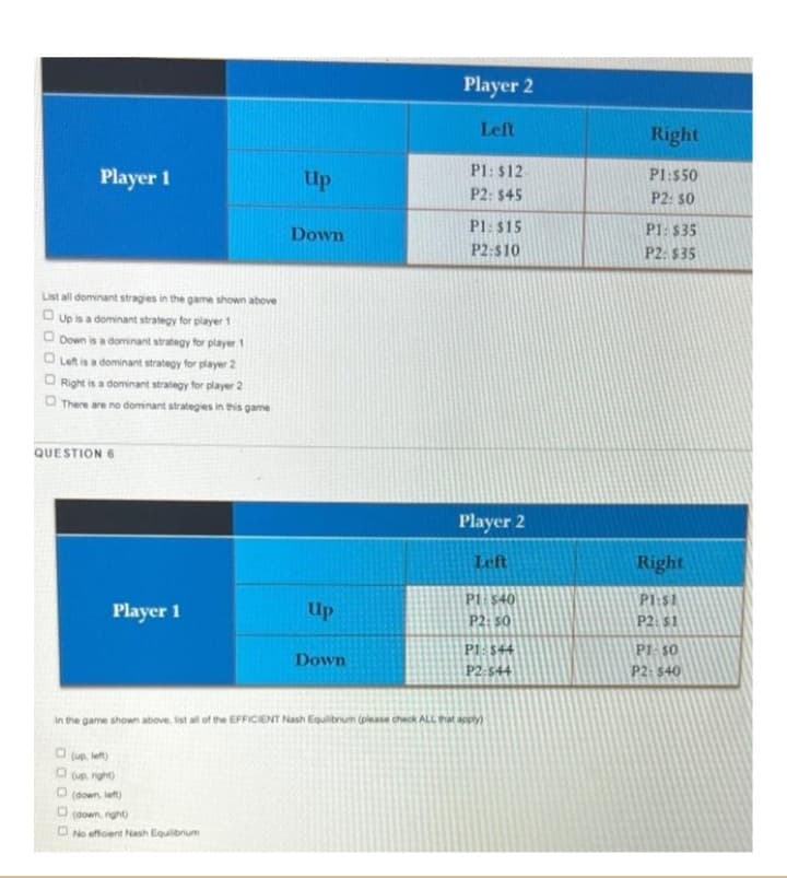Player 2
Left
P1: $12
P2: $45
P1: $15
P2:$10
Player 2
Left
P1: $40
Player 1
Up
P2: 50
P1: $44
Down
P2:544
in the game shown above, ist all of the EFFICIENT Nash Equilibrium (please check ALL that apply)
(up, left)
(up, right)
(down, left)
(down, right)
No efficient Nash Equilibrium
Player 1
List all dominant stragies in the game shown above
Up is a dominant strategy for player 1
Down is a dominant strategy for player 1
Left is a dominant strategy for player 2
Right is a dominant strategy for player 2
There are no dominant strategies in this game
QUESTION 6
up
Down
Right
P1:$50
P2: 50
P1: $35
P2: $35
Right
P1:51
P2: $1
P1: $0
P2: $40