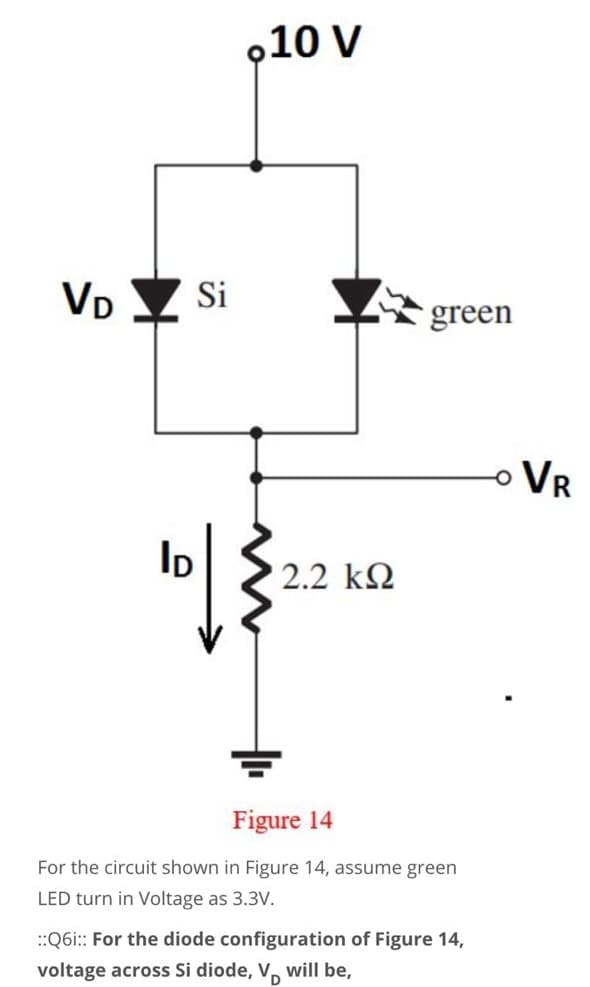 o10 V
VD Y Si
green
o VR
ID
2.2 k2
Figure 14
For the circuit shown in Figure 14, assume green
LED turn in Voltage as 3.3V.
:Q6i:: For the diode configuration of Figure 14,
voltage across Si diode, V, will be,
