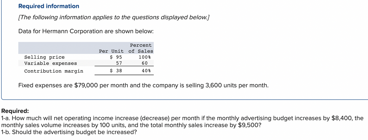 Required information
[The following information applies to the questions displayed below.]
Data for Hermann Corporation are shown below:
Selling price
Variable expenses
Contribution margin
Percent
Per Unit of Sales
$ 95
100%
57
60
$ 38
40%
Fixed expenses are $79,000 per month and the company is selling 3,600 units per month.
Required:
1-a. How much will net operating income increase (decrease) per month if the monthly advertising budget increases by $8,400, the
monthly sales volume increases by 100 units, and the total monthly sales increase by $9,500?
1-b. Should the advertising budget be increased?