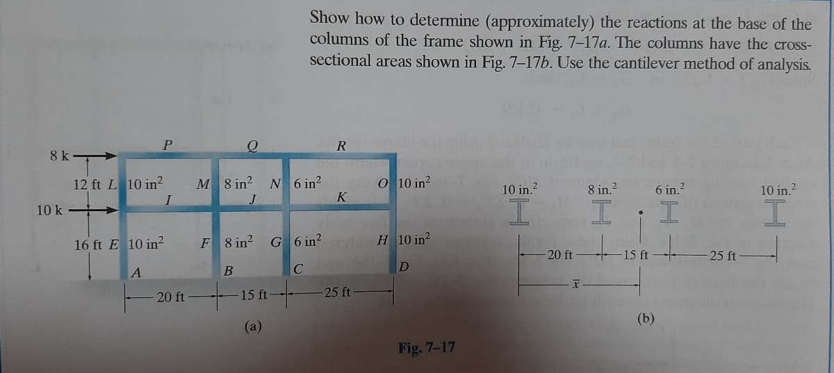 8 k
10 k
P
12 ft L 10 in²
16 ft E 10 in²
A
I
- 20 ft
Q
M 8 in²
J
F8 in²
B
15 ft
(a)
Show how to determine (approximately) the reactions at the base of the
columns of the frame shown in Fig. 7-17a. The columns have the cross-
sectional areas shown in Fig. 7-17b. Use the cantilever method of analysis.
N 6 in²
G6 in²
C
R
K
-25 ft
O 10 in²
H 10 in²
D
Fig. 7-17
10 in.²
I
-20 ft
8 in.²
15 ft
(b)
6 in.²
HE
25 ft
10 in.²
I
HT