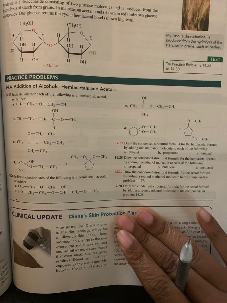 14.26 Indicate whether each of the following is a hemiacetal, acetal,
or neither:
CH3-CH2-0-CH2-OH
b. HO-CH2-CH2-0-CH,-CH2-0-CH3
a.
