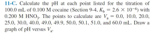 11-C. Calculate the pH at each point listed for the titration of
100.0 mL of 0.100 M cocaine (Section 9-4, Kp = 2.6 × 10-6) with
0.200 M HNO,. The points to calculate are V, = 0.0, 10.0, 20.0,
25.0, 30.0, 40.0, 49.0, 49.9, 50.0, 50.1, 51.0, and 60.0 mL. Draw a
graph of pH versus V.
