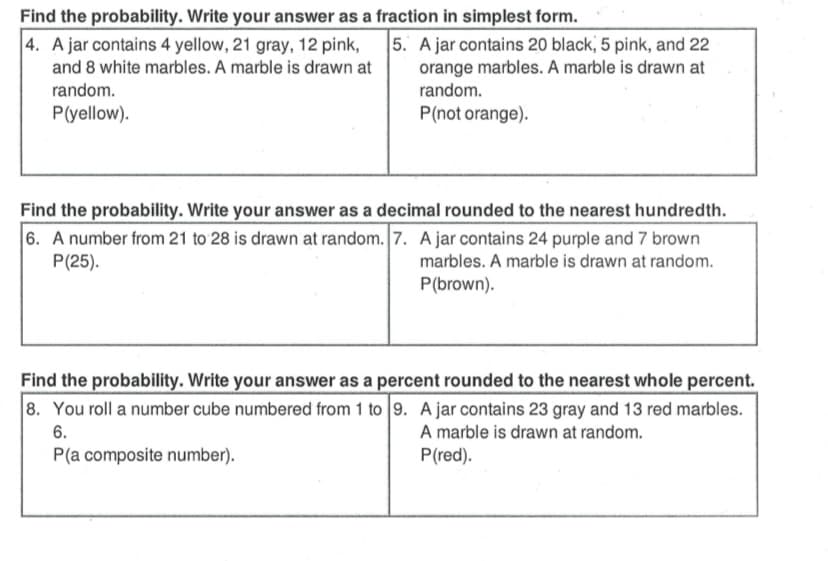 Find the probability. Write your answer as a fraction in simplest form.
5. A jar contains 20 black, 5 pink, and 22
orange marbles. A marble is drawn at
random.
P(not orange).
4. A jar contains 4 yellow, 21 gray, 12 pink,
and 8 white marbles. A marble is drawn at
random.
P(yellow).
Find the probability. Write your answer as a decimal rounded to the nearest hundredth.
6. A number from 21 to 28 is drawn at random. 7. A jar contains 24 purple and 7 brown
P(25).
marbles. A marble is drawn at random.
P(brown).
Find the probability. Write your answer as a percent rounded to the nearest whole percent.
8. You roll a number cube numbered from 1 to 9. A jar contains 23 gray and 13 red marbles.
6.
A marble is drawn at random.
P(a composite number).
P(red).
