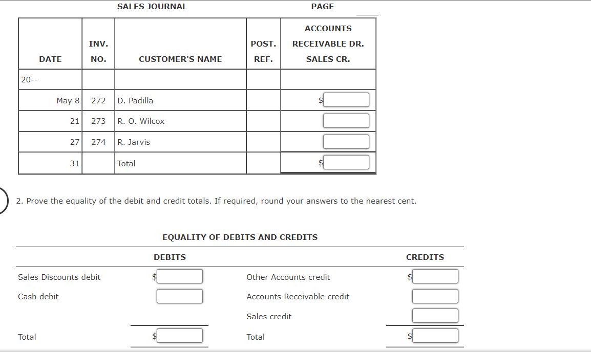 SALES JOURNAL
PAGE
ACCOUNTS
INV.
POST.
RECEIVABLE DR.
DATE
NO.
CUSTOMER'S NAME
REF.
SALES CR.
20--
May 8
272
D. Padilla
21
273
R. O. Wilcox
27
274
R. Jarvis
31
Total
2. Prove the equality of the debit and credit totals. If required, round your answers to the nearest cent.
EQUALITY OF DEBITS AND CREDITS
DEBITS
CREDITS
Sales Discounts debit
Other Accounts credit
Cash debit
Accounts Receivable credit
Sales credit
Total
Total
