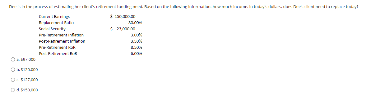 Dee is in the process of estimating her client's retirement funding need. Based on the following information, how much income, in today's dollars, does Dee's client need to replace today?
$ 150,000.00
Current Earnings
Replacement Ratio
O a. $97,000
O b. $120,000
O c. $127,000
O d. $150,000
Social Security
Pre-Retirement Inflation
Post-Retirement Inflation
Pre-Retirement RoR
Post-Retirement RoR
80.00%
$ 23,000.00
3.00%
3.50%
8.50%
6.00%