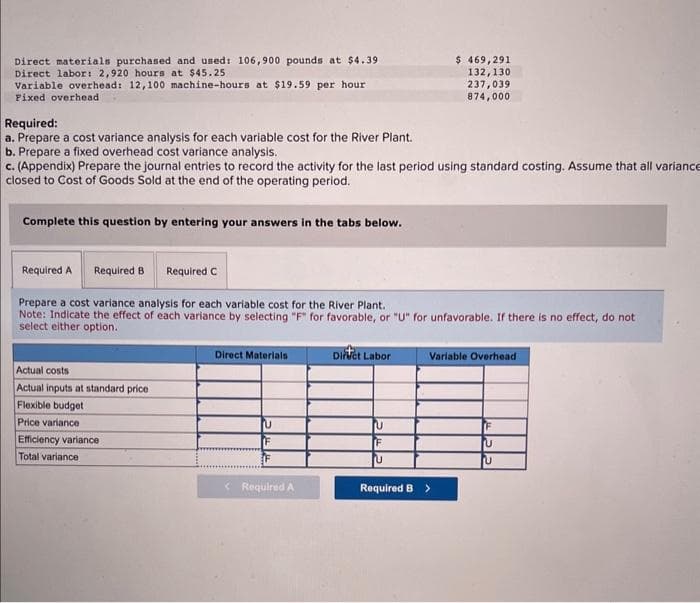 Direct materials purchased and used: 106,900 pounds at $4.39
Direct labor: 2,920 hours at $45.25
Variable overhead: 12,100 machine-hours at $19.59 per hour
Fixed overhead
Required:
a. Prepare a cost variance analysis for each variable cost for the River Plant.
b. Prepare a fixed overhead cost variance analysis.
c. (Appendix) Prepare the journal entries to record the activity for the last period using standard costing. Assume that all variance
closed to Cost of Goods Sold at the end of the operating period.
Complete this question by entering your answers in the tabs below.
Required A Required B
Required C
Prepare a cost variance analysis for each variable cost for the River Plant.
Note: Indicate the effect of each variance by selecting "F" for favorable, or "U" for unfavorable. If there is no effect, do not
select either option.
Actual costs
Actual inputs at standard price
Flexible budget
Price variance
Efficiency variance
Total variance
Direct Materials
U
F
< Required A
Diret Labor
U
$ 469,291
132, 130
237,039
874,000.
U
Variable Overhead
Required B >
U
U