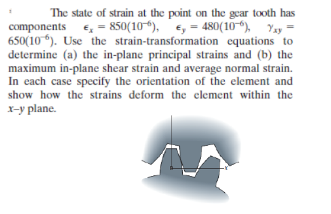 The state of strain at the point on the gear tooth has
components €x = 850(106), €y = 480(106), Yxy =
650(106). Use the strain-transformation equations to
determine (a) the in-plane principal strains and (b) the
maximum in-plane shear strain and average normal strain.
In each case specify the orientation of the element and
show how the strains deform the element within the
x-y plane.