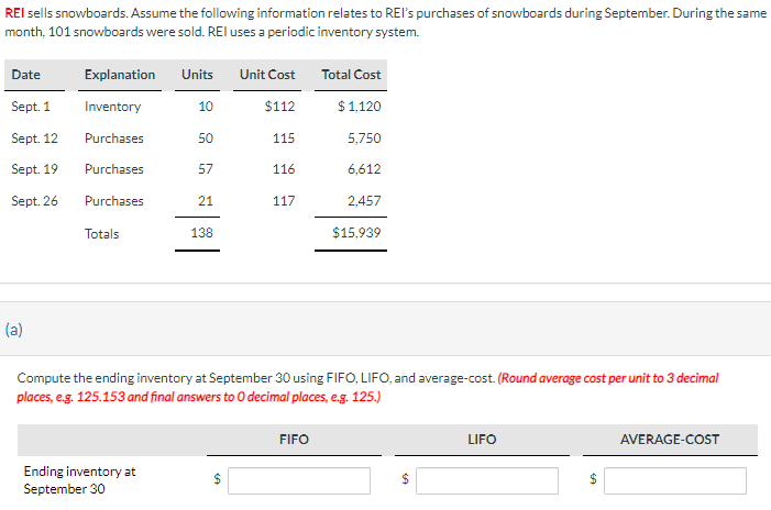 REI sells snowboards. Assume the following information relates to REI's purchases of snowboards during September. During the same
month, 101 snowboards were sold. REI uses a periodic inventory system.
Date
Sept. 1
Sept. 12
Sept. 19
Sept. 26
(a)
Explanation Units Unit Cost
Inventory
10
$112
Purchases
115
Purchases
116
Purchases
Totals
50
Ending inventory at
September 30
57
21
138
117
$
Total Cost
$1,120
FIFO
5,750
Compute the ending inventory at September 30 using FIFO, LIFO, and average-cost. (Round average cost per unit to 3 decimal
places, e.g. 125.153 and final answers to O decimal places, e.g. 125.)
6,612
2,457
$15,939
$
LIFO
$
AVERAGE-COST