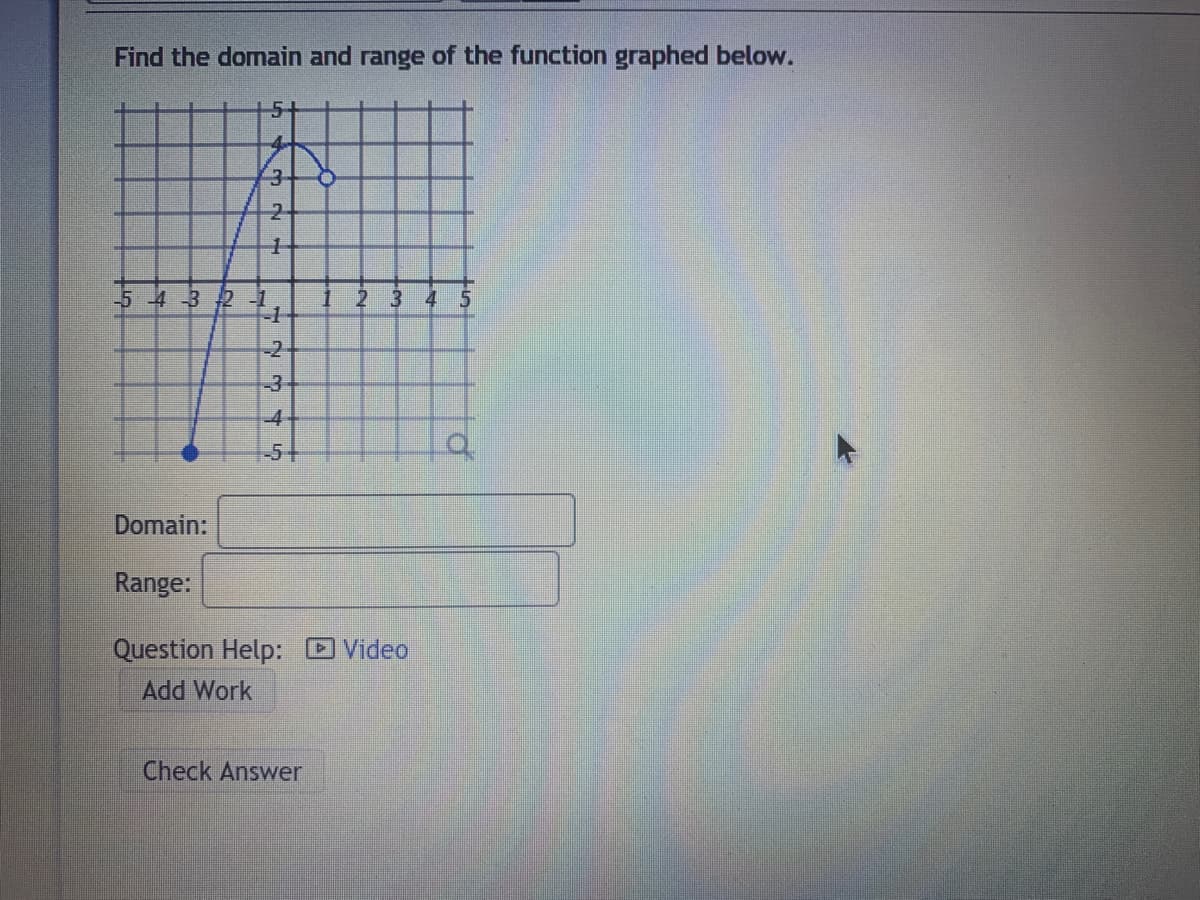 Find the domain and range of the function graphed below.
2.
-5 4 3 2-1
-1
-2
4
-5+
Domain:
Range:
Question Help: DVideo
Add Work
Check Answer
