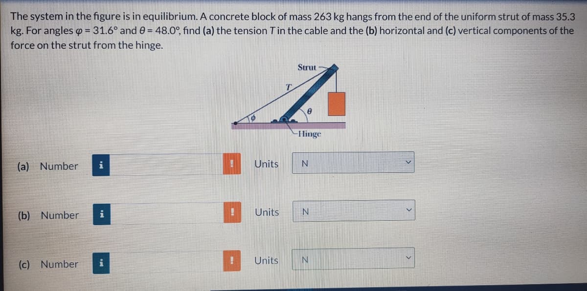 The system in the figure is in equilibrium. A concrete block of mass 263 kg hangs from the end of the uniform strut of mass 35.3
kg. For angles p = 31.6° and 0 = 48.0°, find (a) the tension Tin the cable and the (b) horizontal and (c) vertical components of the
force on the strut from the hinge.
Strut
Hinge
(a) Number
i
Units
Units
(b) Number
Units
IN
(c) Number
