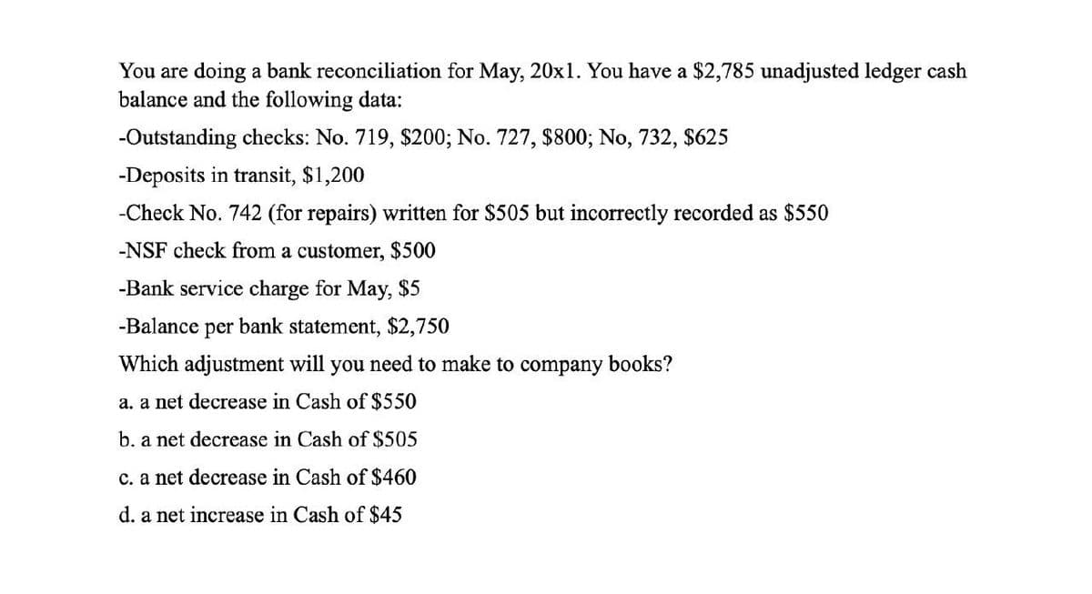 You are doing a bank reconciliation for May, 20x1. You have a $2,785 unadjusted ledger cash
balance and the following data:
-Outstanding checks: No. 719, $200; No. 727, $800; No, 732, $625
-Deposits in transit, $1,200
-Check No. 742 (for repairs) written for $505 but incorrectly recorded as $550
-NSF check from a customer, $500
-Bank service charge for May, $5
-Balance per bank statement, $2,750
Which adjustment will you need to make to company books?
a. a net decrease in Cash of $550
b. a net decrease in Cash of $505
c. a net decrease in Cash of $460
d. a net increase in Cash of $45