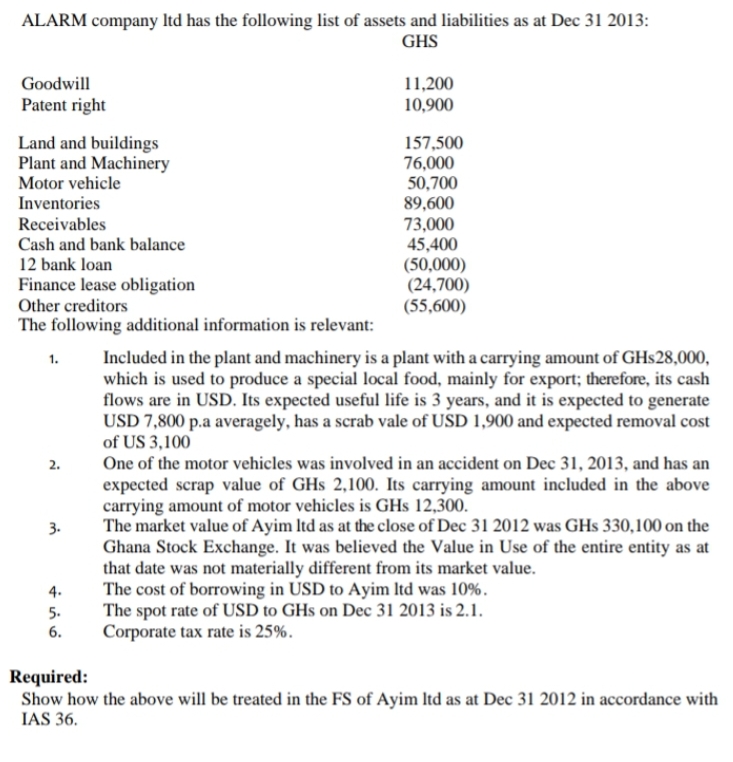 ALARM company ltd has the following list of assets and liabilities as at Dec 31 2013:
GHS
Goodwill
Patent right
Land and buildings
Plant and Machinery
Motor vehicle
Inventories
Receivables
Cash and bank balance
12 bank loan
Finance lease obligation
Other creditors
The following additional information is relevant:
1.
2.
3.
4.
5.
6.
11,200
10,900
157,500
76,000
50,700
89,600
73,000
45,400
(50,000)
(24,700)
(55,600)
Included in the plant and machinery is a plant with a carrying amount of GHs28,000,
which is used to produce a special local food, mainly for export; therefore, its cash
flows are in USD. Its expected useful life is 3 years, and it is expected to generate
USD 7,800 p.a averagely, has a scrab vale of USD 1,900 and expected removal cost
of US 3,100
One of the motor vehicles was involved in an accident on Dec 31, 2013, and has an
expected scrap value of GHs 2,100. Its carrying amount included in the above
carrying amount of motor vehicles is GHs 12,300.
The market value of Ayim Itd as at the close of Dec 31 2012 was GHS 330,100 on the
Ghana Stock Exchange. It was believed the Value in Use of the entire entity as at
that date was not materially different from its market value.
The cost of borrowing in USD to Ayim ltd was 10%.
The spot rate of USD to GHS on Dec 31 2013 is 2.1.
Corporate tax rate is 25%.
Required:
Show how the above will be treated in the FS of Ayim ltd as at Dec 31 2012 in accordance with
IAS 36.