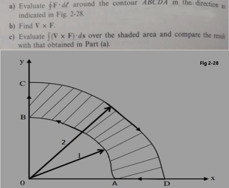 a) Evaluate F•dl around the contour ABCDA in the direction as
indicated in Fig. 2-28.
b) Find V x F.
c) Evaluate ((V x F) ds over the shaded area and compare the result
with that obtained in Part (a).
y
Fig 2-28
C
2.
A
D
