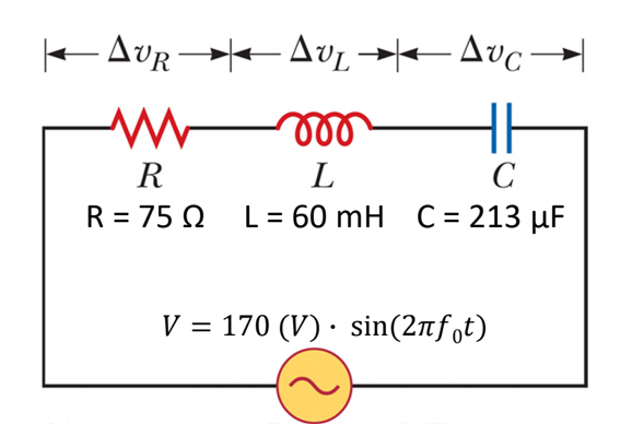 - Avr→-AvL →-Avc→|
R
L
C
R = 75 Q L= 60 mH C= 213 µF
V = 170 (V) · sin(2nf,t)
||
