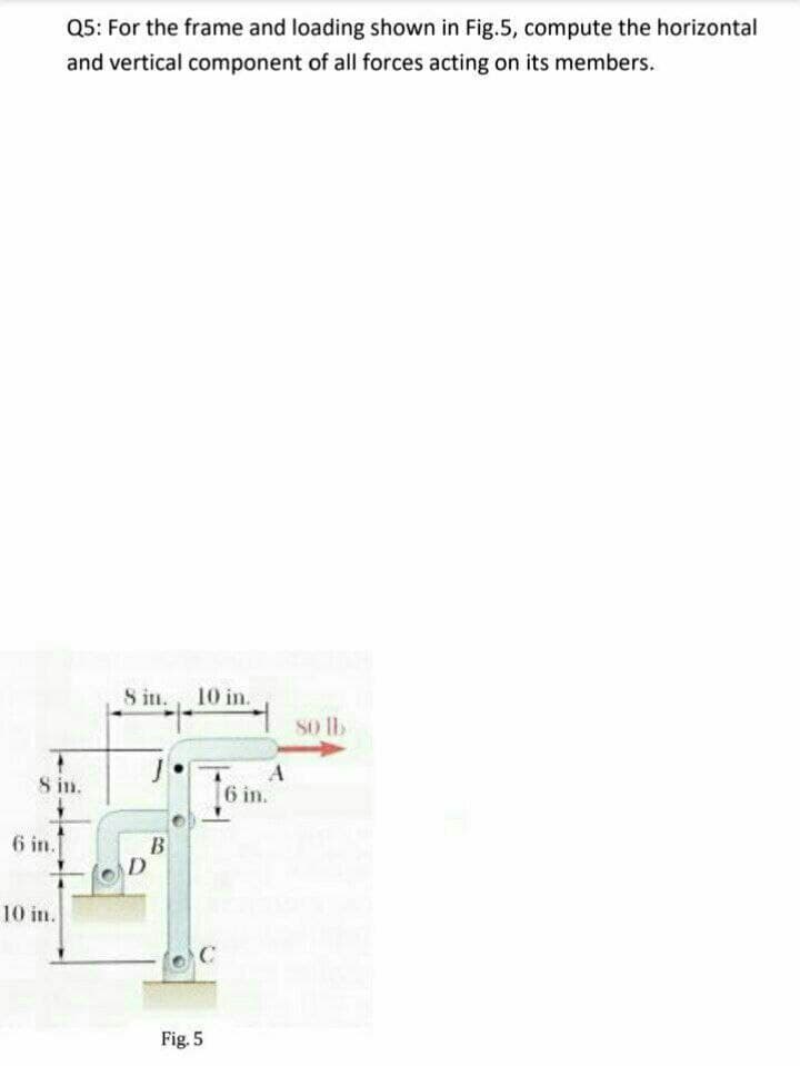 Q5: For the frame and loading shown in Fig.5, compute the horizontal
and vertical component of all forces acting on its members.
8 in., 10 in.
So Ib
8 in.
6 in.
6 in.
10 in.
C
Fig. 5
