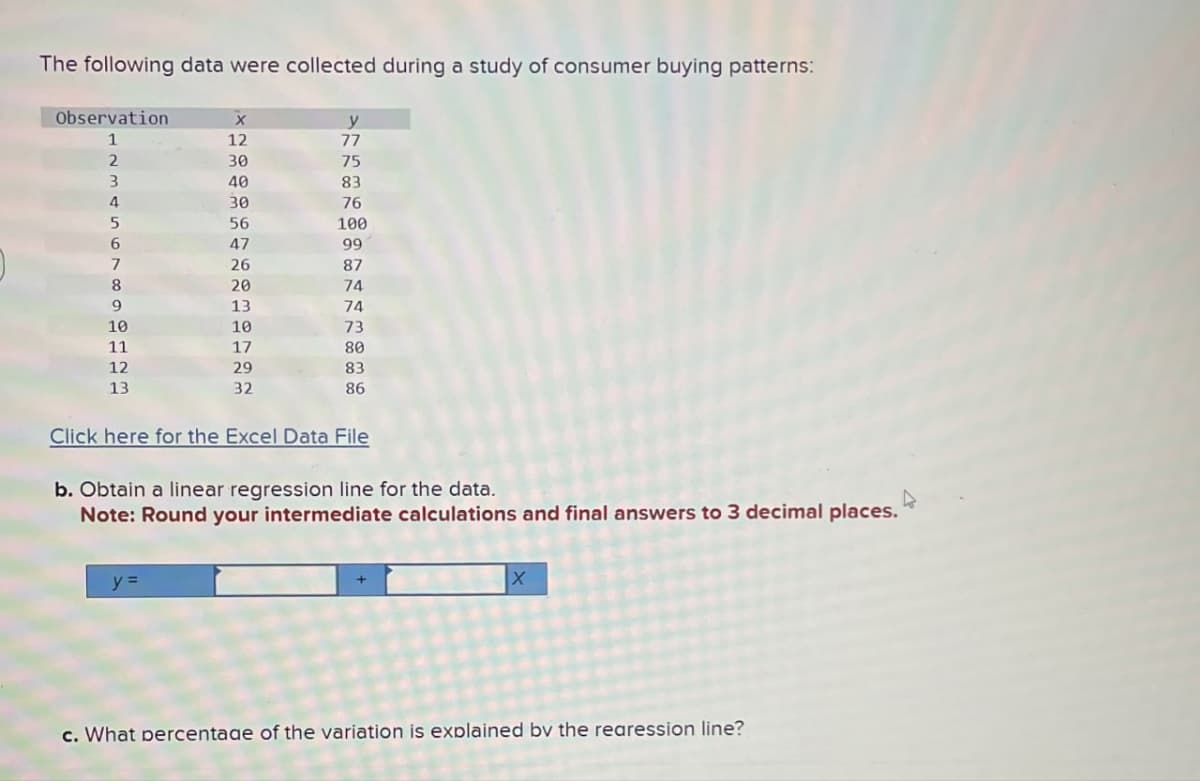 The following data were collected during a study of consumer buying patterns:
Observation
1
12
y
77
2
30
75
3
40
83
4
30
76
5
56
100
6
47
99
7
26
87
8
20
74
9
13
74
10
10
73
11
17
80
12
29
83
13
32
86
Click here for the Excel Data File
b. Obtain a linear regression line for the data.
Note: Round your intermediate calculations and final answers to 3 decimal places.
y=
X
c. What percentage of the variation is explained by the rearession line?
D