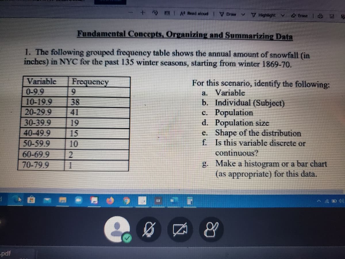 ) BI AO Read aloud Draw
Highlight
Fundamental Concepts, Organizing and Summarizing Data
1. The following grouped frequency table shows the annual amount of snowfall (in
inches) in NYC for the past 135 winter seasons, starting from winter 1869-70.
Frequency
For this scenario, identify the following:
a. Variable
b. Individual (Subject)
c. Population
d. Population size
e. Shape of the distribution
f. Is this variable discrete or
continuous?
Variable
0-9.9
10-19.9
20-29.9
38
41
30-39.9
9.9
50-59.9
19
15
10
60-69.9
g Make a histogram or a bar chart
(as appropriate) for this data.
70-79.9
pdf
