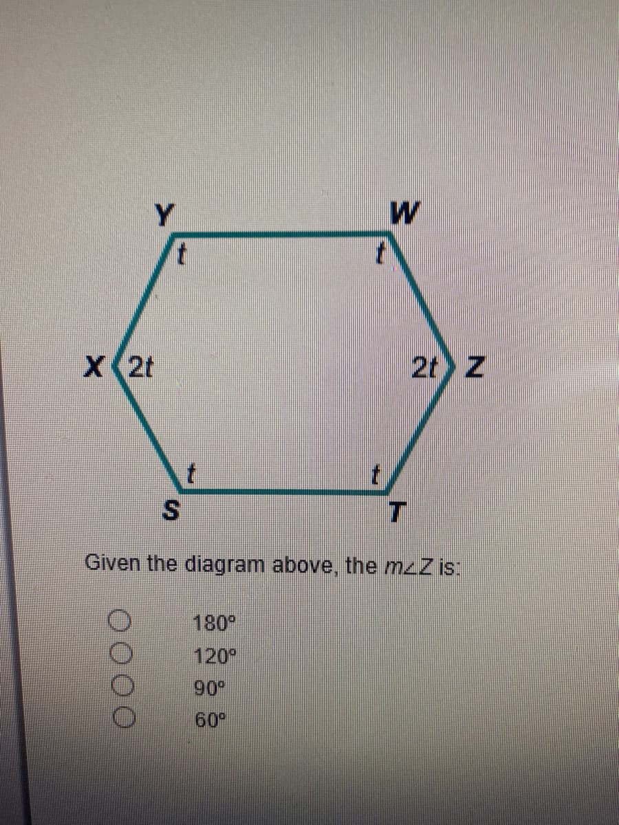 Y
X(2t
2t Z
Given the diagram above, the mzZ is:
180°
120°
90
60
0000
