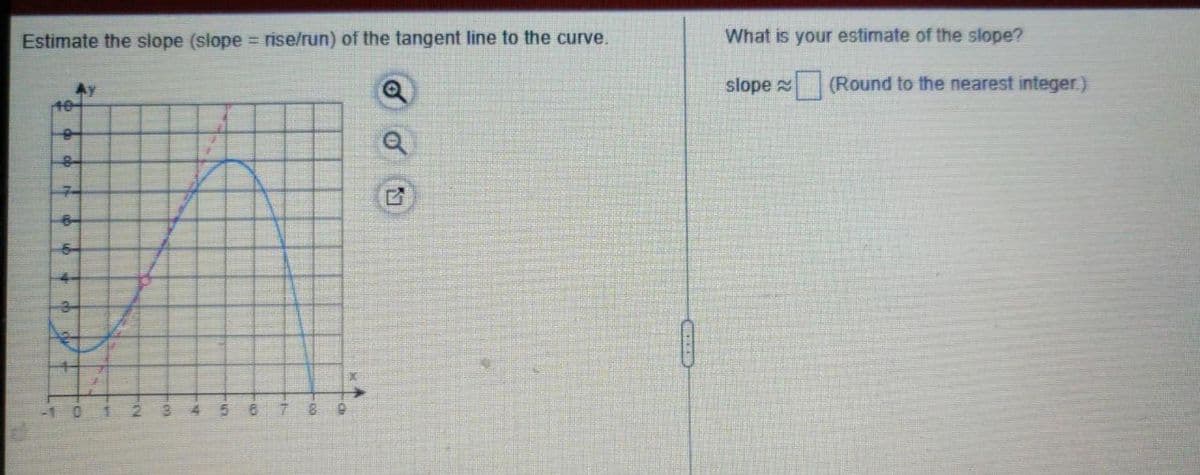 Estimate the slope (slope = rise/run) of the tangent line to the curve.
Ay
Q
7-
5
18
973
8
9
X
What is your estimate of the slope?
slope
(Round to the nearest integer.)