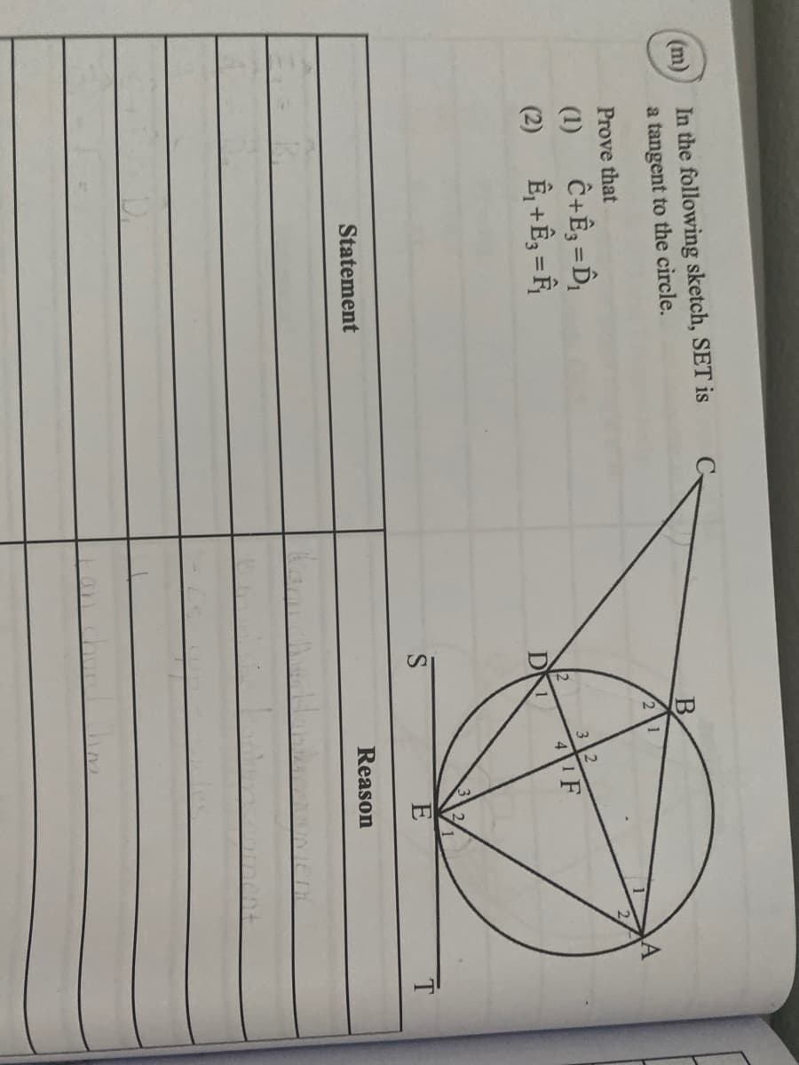 (m)
In the following sketch, SET is
a tangent to the circle.
Prove that
(1)
Ĉ+Ê; =D¡
(2)
3 2
1F
4.
Statement
Reason
