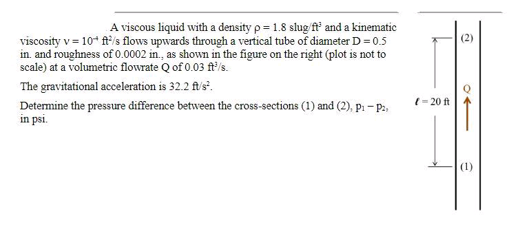 A viscous liquid with a density p = 1.8 slug/ft³ and a kinematic
viscosity v = 10+ ft²/s flows upwards through a vertical tube of diameter D = 0.5
in. and roughness of 0.0002 in., as shown in the figure on the right (plot is not to
scale) at a volumetric flowrate Q of 0.03 ft³/s.
The gravitational acceleration is 32.2 ft/s².
Determine the pressure difference between the cross-sections (1) and (2), p₁ - P2,
in psi.
{ = 20 ft
(2)
(1)