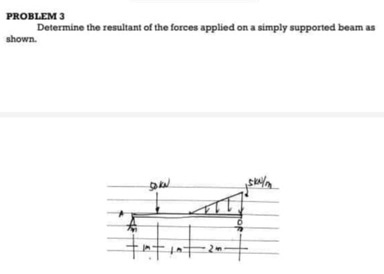 PROBLEM 3
Determine the resultant of the forces applied on a simply supported beam as
shown.
50 KN
↓
+ skal/m