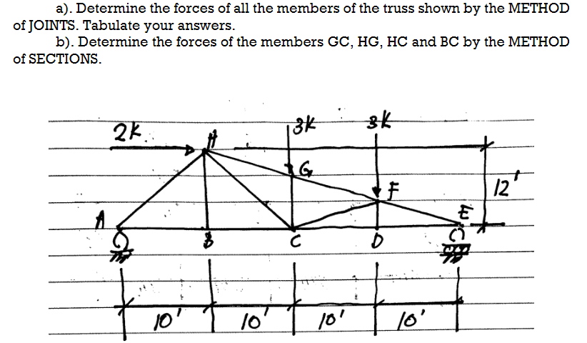 a). Determine the forces of all the members of the truss shown by the METHOD
of JOINTS. Tabulate your answers.
b). Determine the forces of the members GC, HG, HC and BC by the METHOD
of SECTIONS.
A
2k.
10
10⁰
13k
G
с
3k
D
H
10¹ 10'
E
C
12