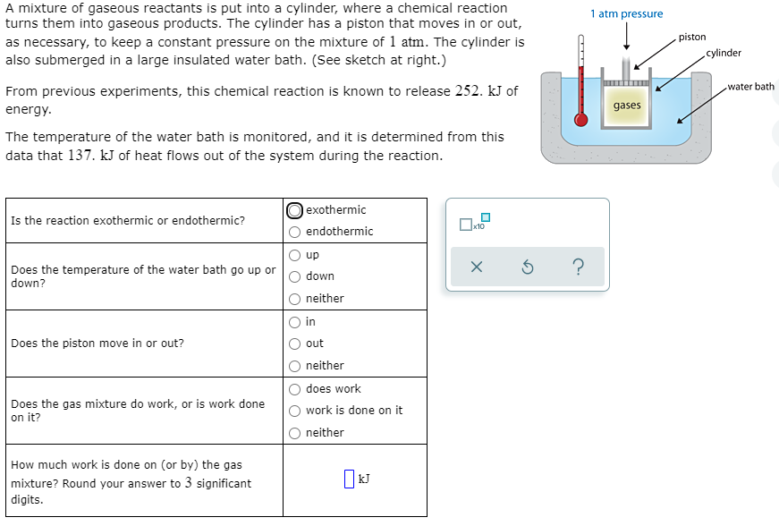 A mixture of gaseous reactants is put into a cylinder, where a chemical reaction
turns them into gaseous products. The cylinder has a piston that moves in or out,
as necessary, to keep a constant pressure on the mixture of 1 atm. The cylinder is
also submerged in a large insulated water bath. (See sketch at right.)
1 atm pressure
- piston
cylinder
water bath
From previous experiments, this chemical reaction is known to release 252. kJ of
energy.
gases
The temperature of the water bath is monitored, and it is determined from this
data that 137. kJ of heat flows out of the system during the reaction.
O exothermic
Is the reaction exothermic or endothermic?
х10
endothermic
up
?
Does the temperature of the water bath go up or
down?
down
neither
in
Does the piston move in or out?
out
neither
does work
Does the gas mixture do work, or is work done
on it?
work is done on it
neither
How much work is done on (or by) the gas
mixture? Round your answer to 3 significant
kJ
digits.
