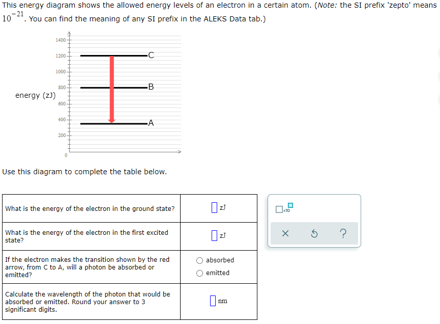 This energy diagram shows the allowed energy levels of an electron in a certain atom. (Note: the SI prefix 'zepto' means
-21
10 *. You can find the meaning of any SI prefix in the ALEKS Data tab.)
1400
1200
1000
800
B
energy (z)
600
400
-A
200
Use this diagram to complete the table below.
What is the energy of the electron in the ground state?
Ox10
What is the energy of the electron in the first excited
state?
If the electron makes the transition shown by the red
arrow, from C to A, will a photon be absorbed or
absorbed
emitted
emitted?
Calculate the wavelength of the photon that would be
absorbed or emitted. Round your answer to 3
significant digits.
nm
