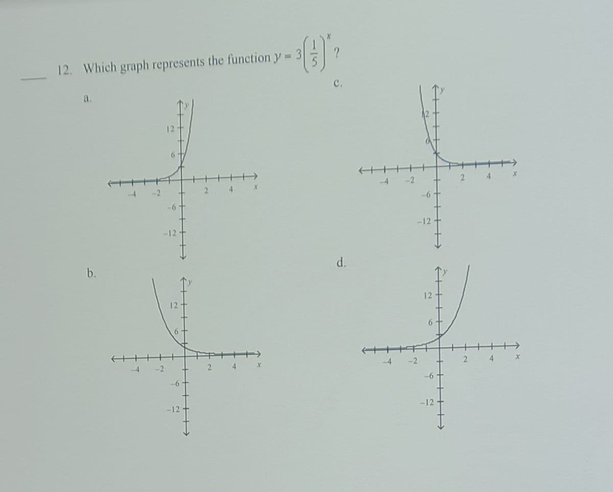 %3D
12. Which graph represents the function y:
a.
12
-4
-2
4.
-2
2.
4.
-6
-6
-12
-12
b.
d.
12
12
6.
-4
-2
2 4
-4
-2
2 4 x
-6
-6
-12
-12
