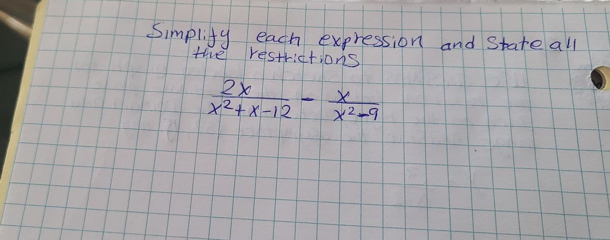 Simplity each expression and State ll
the
restrictions
x2+x-12
