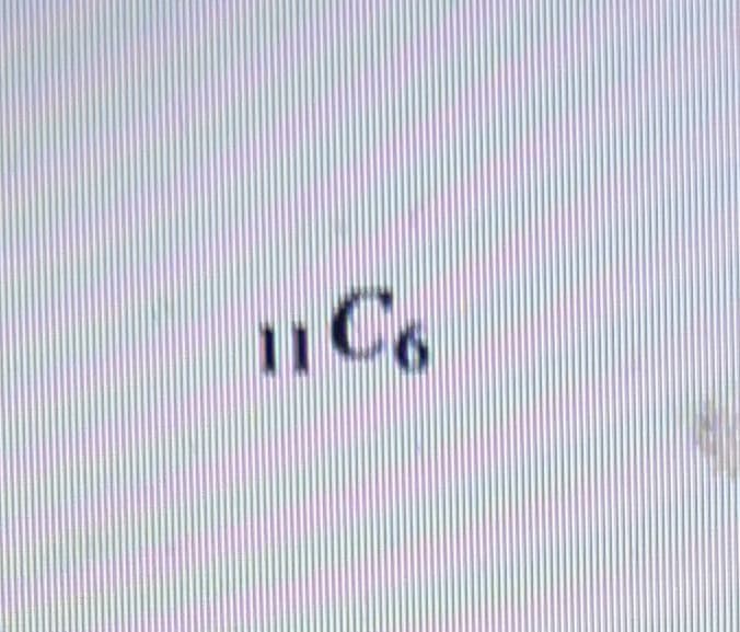 The image shows the notation for a chemical element: 

\[ ^{11}_{6}\text{C} \]

### Explanation:

- **Element Symbol (C):** Represents Carbon.
- **Atomic Number (6):** The subscript to the left of the symbol. It indicates the number of protons in the nucleus.
- **Mass Number (11):** The superscript to the left of the symbol. It denotes the total number of protons and neutrons in the nucleus. 

This notation is used to describe specific isotopes of elements, with this one representing an isotope of carbon.