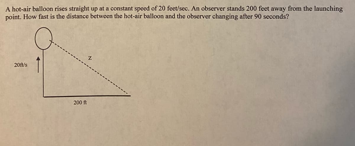 A hot-air balloon rises straight up at a constant speed of 20 feet/sec. An observer stands 200 feet away from the launching
point. How fast is the distance between the hot-air balloon and the observer changing after 90 seconds?
20ft/s
200 ft
