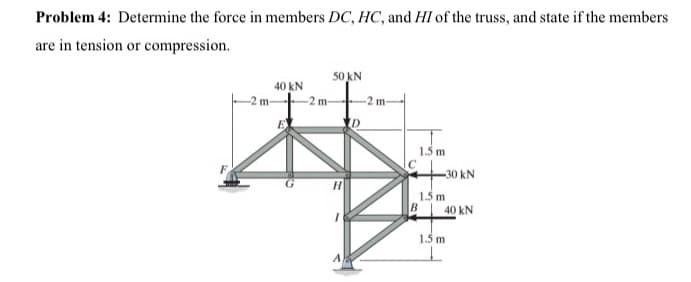 Problem 4: Determine the force in members DC, HC, and HI of the truss, and state if the members
are in tension or compression.
50 kN
基
40 kN
-2 m-
-2 m
1.5 m
-30 kN
H.
1.5 m
B
40 kN
1.5m
