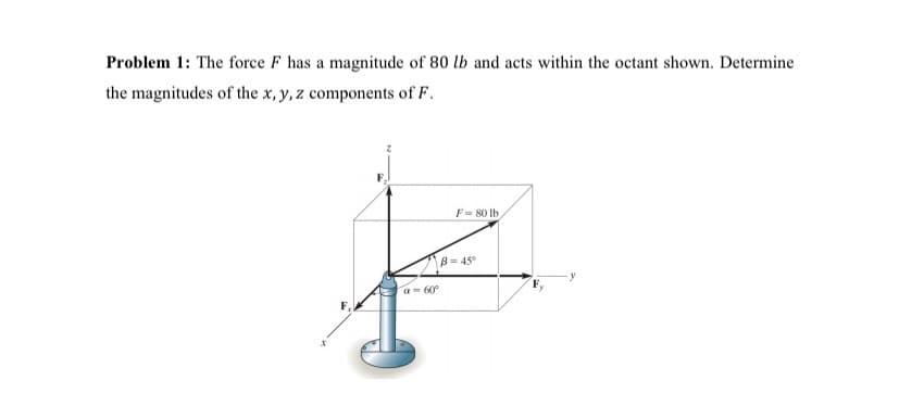 Problem 1: The force F has a magnitude of 80 lb and acts within the octant shown. Determine
the magnitudes of the x, y, z components of F.
F = 80 Ib
B= 45
a- 60°
