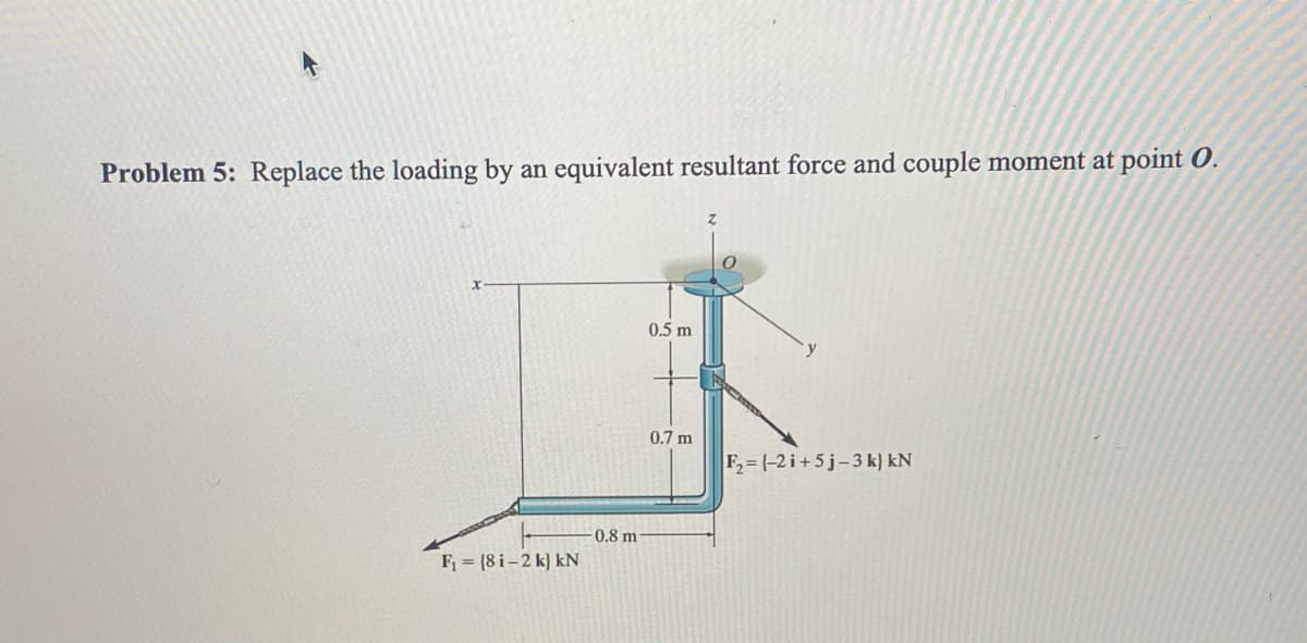 Problem 5: Replace the loading by an equivalent resultant force and couple moment at point O.
0.5 m
0.7 m
F,=(-2 i+5j-3 k) kN
0.8 m
F = (8 i– 2 k} kN
