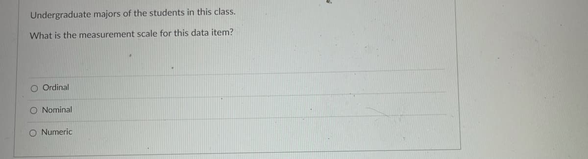 Undergraduate majors of the students in this class.
What is the measurement scale for this data item?
O Ordinal
O Nominal
O Numeric
