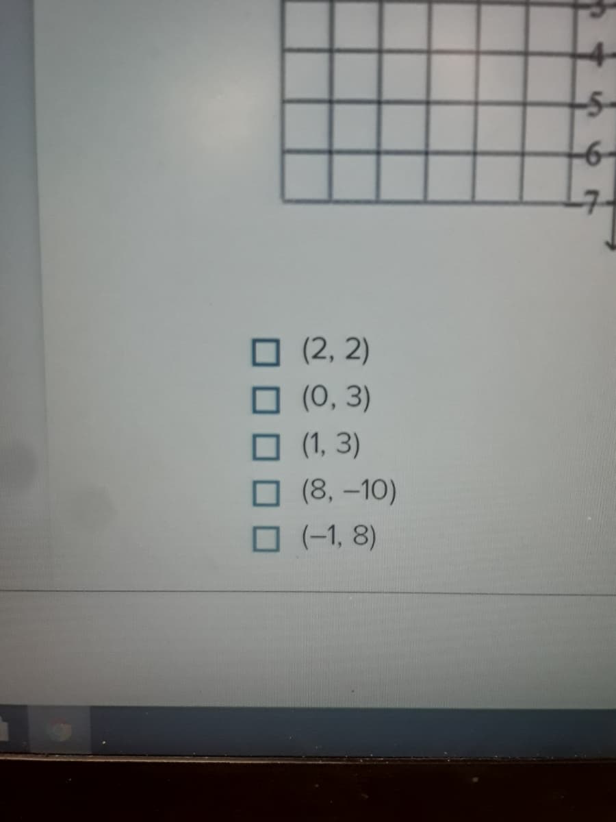 4-
-5-
-6-
-7-
О (2, 2)
O (0, 3)
口 (1, 3)
о (8, -10)
(-1, 8)
(0,3)
