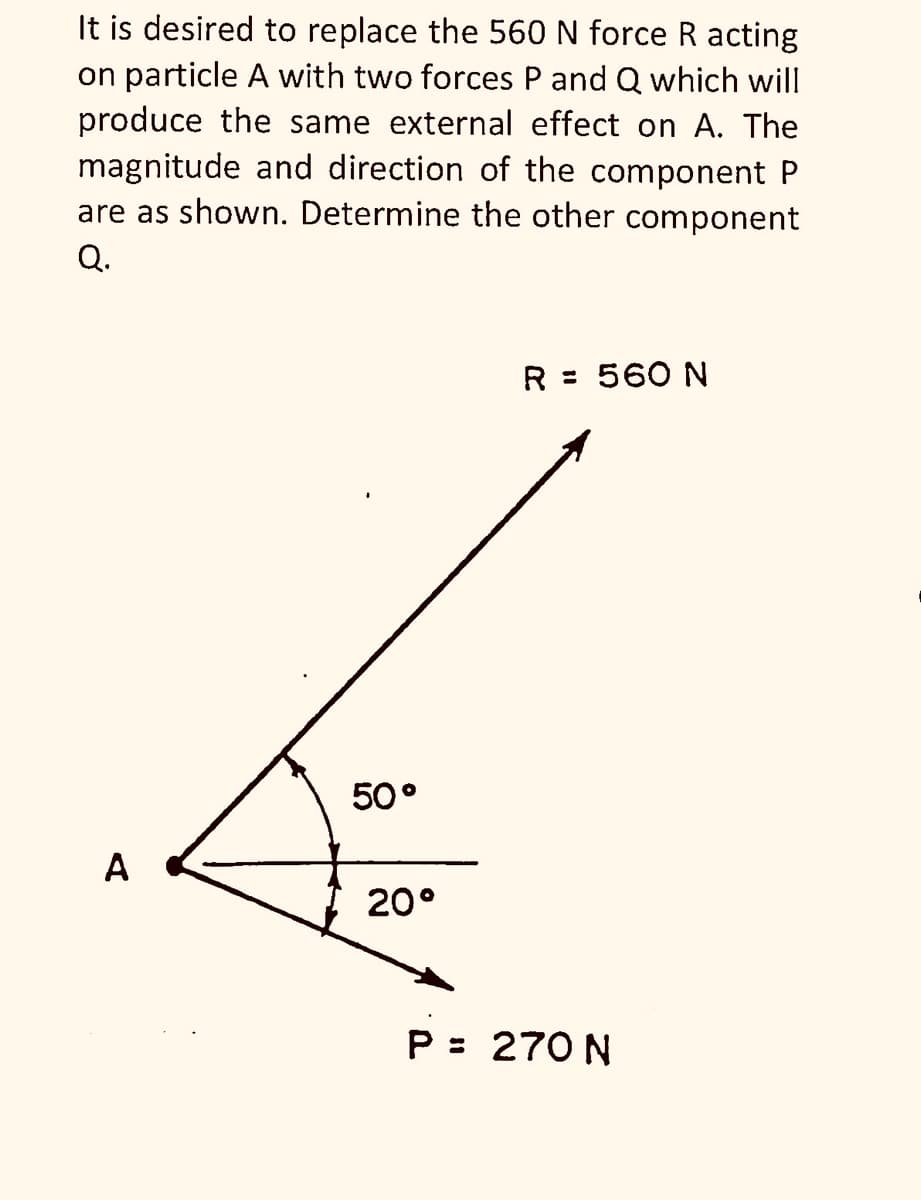 It is desired to replace the 560 N force R acting
on particle A with two forces P and Q which will
produce the same external effect on A. The
magnitude and direction of the component P
are as shown. Determine the other component
Q.
R = 560 N
50°
A
20°
P = 270 N
