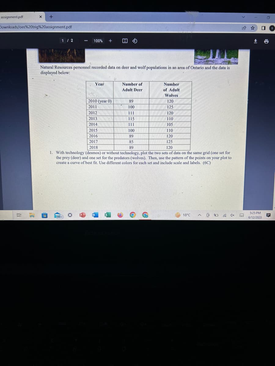 assignment.pdf
Downloads/oes%20trig%20assignment.pdf
0
X +
3'
1/2
- 100% +
Natural Resources personnel recorded data on deer and wolf populations in an area of Ontario and the data is
displayed below:
(99+
Year
ww
2010 (year 0)
2011
2012
2013
2014
W
Number of
Adult Deer
.
89
100
111
115
111
105
2015
110
2016
120
2017
125
2018
89
120
1. With technology (desmos) or without technology, plot the two sets of data on the same grid (one set for
the prey (deer) and one set for the predators (wolves). Then, use the pattern of the points on your plot to
create a curve of best fit. Use different colors for each set and include scale and labels. (6C)
100
89
85
Number
of Adult
Wolves
120
125
6
e
120
110
18°C A
@4x
+
☐
5:25 PM
6/12/2023
E