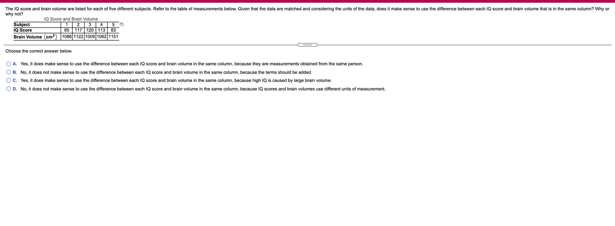 The IQ score and brain volume are listed for each of five different subjects. Refer to the table of measurements below. Given that the data are matched and considering the units of the data, does it make sense to use the difference between each IQ score and brain volume that is in the same column? Why or
why not?
IQ Score and Brain Volume
Subject
IQ Score
1
2
4
117 120 | 113
1086 1122 1009 1062 1151
85
83
Brain Volume (cm3)
.....
Choose the correct answer below.
O A. Yes, it does make sense to use the difference between each IQ score and brain volume in the same column, because they are measurements obtained from the same person.
B. No, it does not make sense to use the difference between each IQ score and brain volume in the same column, because the terms should be added.
C. Yes, it does make sense to use the difference between each IQ score and brain volume in the same column, because high IQ is caused by large brain volume.
D. No, it does not make sense to use the difference between each IQ score and brain volume in the same column, because IQ scores and brain volumes use different units of measurement.
