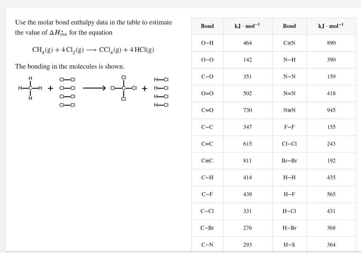 Use the molar bond enthalpy data in the table to estimate
Bond
kJ · mol-1
Bond
kJ · mol-1
the value of AHxn for the equation
О-Н
464
C=N
890
CH,(g) + 4 Cl, (g)
CCI,(g) + 4 HCl(g)
0-0
142
N-H
390
The bonding in the molecules is shown.
CI
C-O
351
N-N
159
CI-CI
H-CI
H-Č-H + Cl-CI
CI-
Č-CI + H-CI
O=O
502
N=N
418
CI-CI
H-CI
CI-CI
H-CI
C=0
730
N=N
945
С-С
347
F-F
155
C=C
615
Cl-CI
243
C=C
811
Br-Br
192
С-Н
414
Н-Н
435
С-F
439
Н-F
565
C-C1
331
Н-СІ
431
С-Br
276
Н-Br
368
С-N
293
H-S
364
