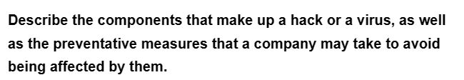 Describe the components that make up a hack or a virus, as well
as the preventative measures that a company may take to avoid
being affected by them.