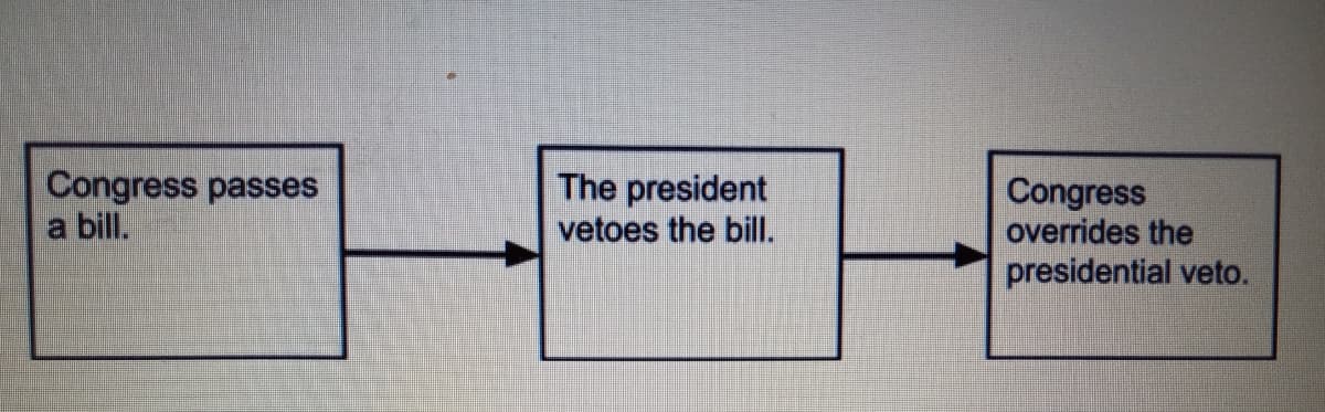 Congress passes
a bill.
The president
vetoes the bilI.
Congress
overrides the
presidential veto.
