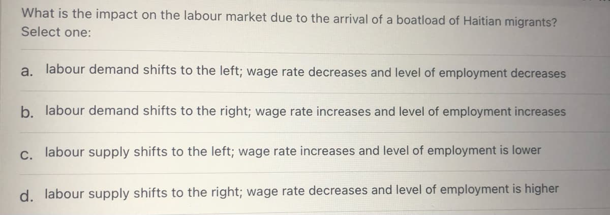 What is the impact on the labour market due to the arrival of a boatload of Haitian migrants?
Select one:
a.
labour demand shifts to the left; wage rate decreases and level of employment decreases
b. labour demand shifts to the right; wage rate increases and level of employment increases
c. labour supply shifts to the left; wage rate increases and level of employment is lower
d. labour supply shifts to the right; wage rate decreases and level of employment is higher
