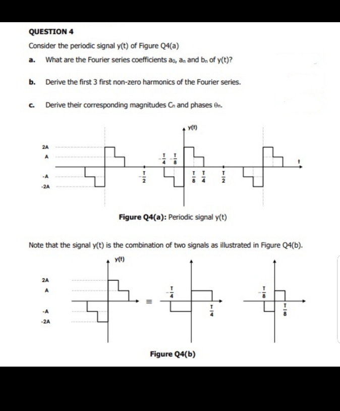 QUESTION 4
Consider the periodic signal y(t) of Figure Q4(a)
a. What are the Fourier series coefficients ao, an and b, of y(t)?
b. Derive the first 3 first non-zero harmonics of the Fourier series.
c. Derive their corresponding magnitudes Cn and phases en.
2A
A
A
-2A
Figure Q4(a): Periodic signal y(t)
Note that the signal y(t) is the combination of two signals as illustrated in Figure Q4(b).
2A
A
-A
-2A
Figure Q4(b)
/4
