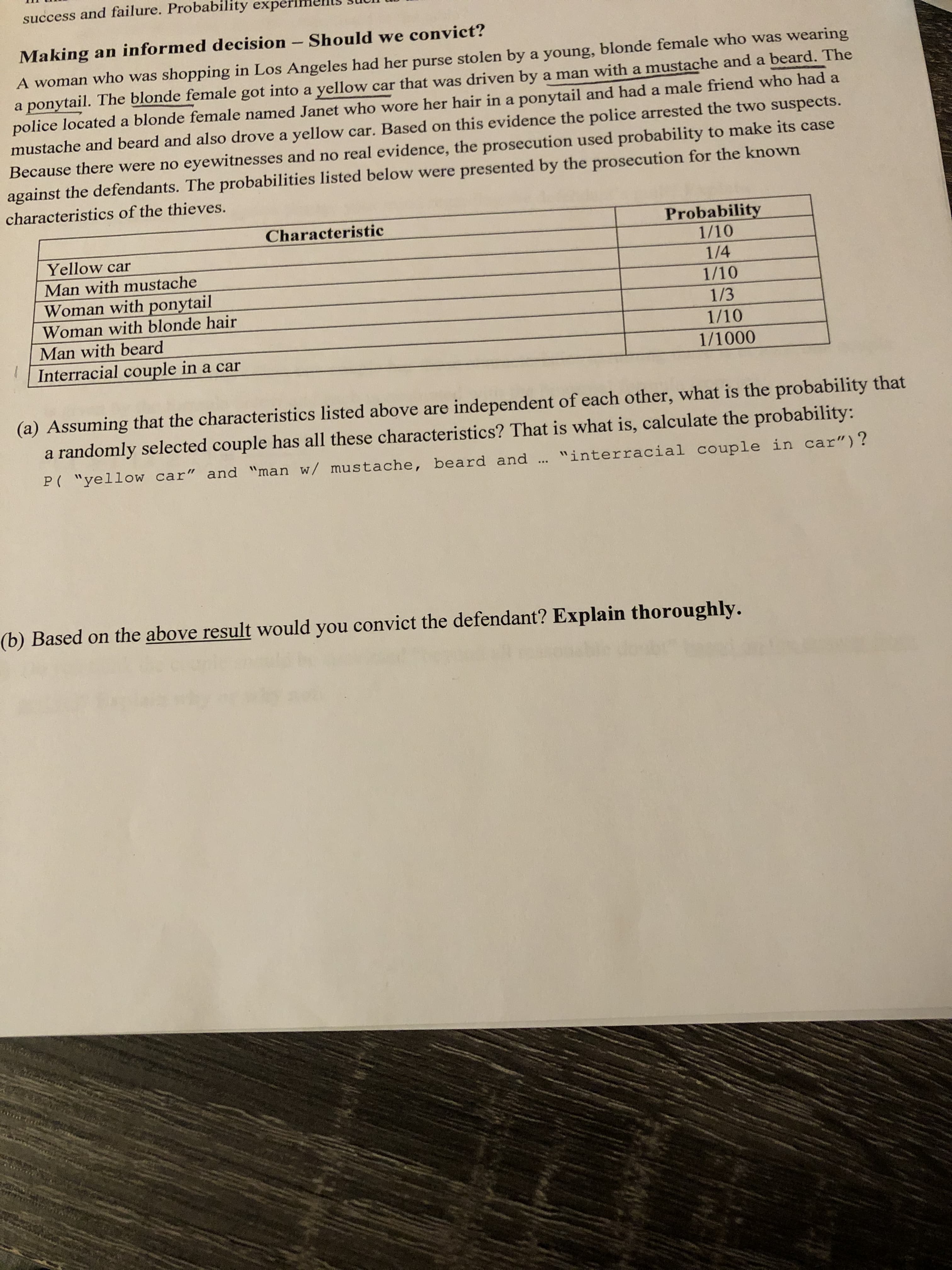 success and failure. Probability experim
Making an informed decision
Should we convict?
A woman who was shopping in Los Angeles had her purse stolen by a young, blonde female who was wearing
a ponytail. The blonde female got into a yellow car that was driven by a man with a mustache and a beard. The
police located a blonde female named Janet who wore her hair in a ponytail and had a male friend who had a
mustache and beard and also drove a yellow car. Based on this evidence the police arrested the two suspects.
Because there were no eyewitnesses and no real evidence, the prosecution used probability to make its case
against the defendants. The probabilities listed below were presented by the prosecution for the known
characteristics of the thieves.
Probability
1/10
Characteristic
Yellow car
Man with mustache
1/4
Woman with ponytail
1/10
Woman with blonde hair
1/3
Man with beard
1/10
Interracial couple in a car
1/1000
(a) Assuming that the characteristics listed above are independent of each other, what is the probability that
a randomly selected couple has all these characteristics? That is what is, calculate the probability:
P( "yellow car" and "man w/ mustache, beard and .. "interracial couple in car")?
(b) Based on the above result would you convict the defendant? Explain thoroughly.
